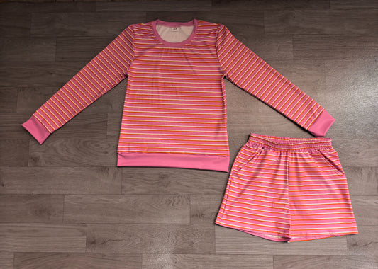 ( No moq ) Preorder Adult Women Long Sleeves Pink Stripes Shirt Pockets Shorts Yoga Active Set