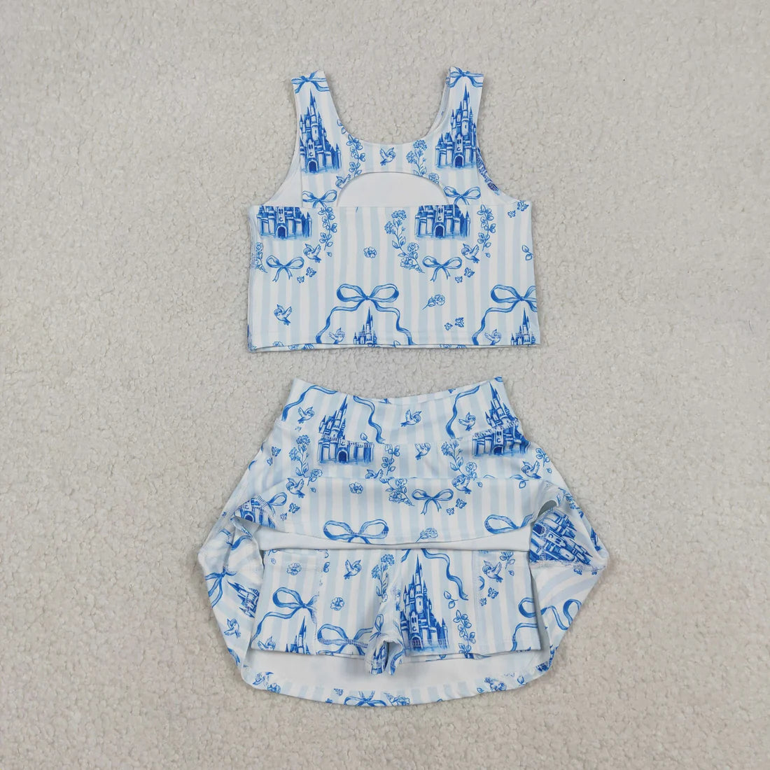 Baby Girls Kids Sleeveless Castles Blue Bows Flower Sibling Yoga Active Skort Dress Set RTS