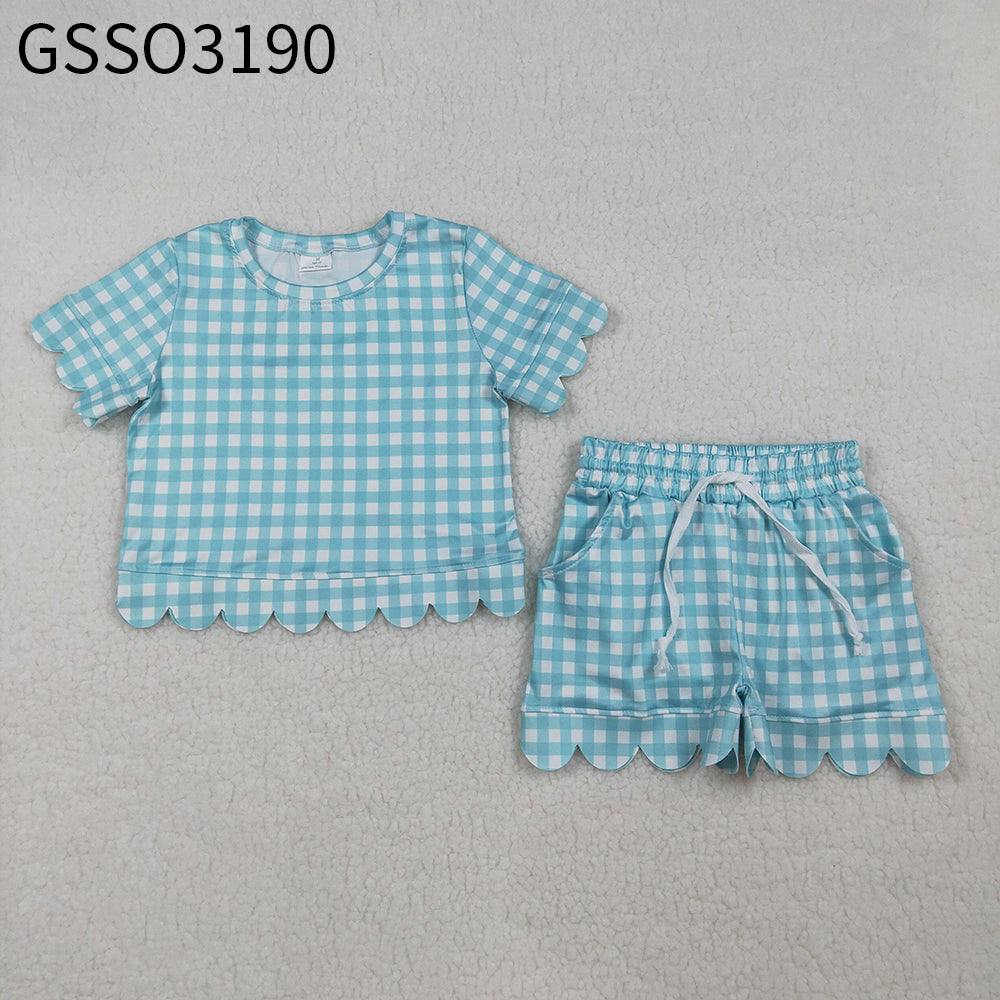 Baby Girls Kids Short Sleeves Plaid Shirt Scallop Shorts Clothes Set RTS