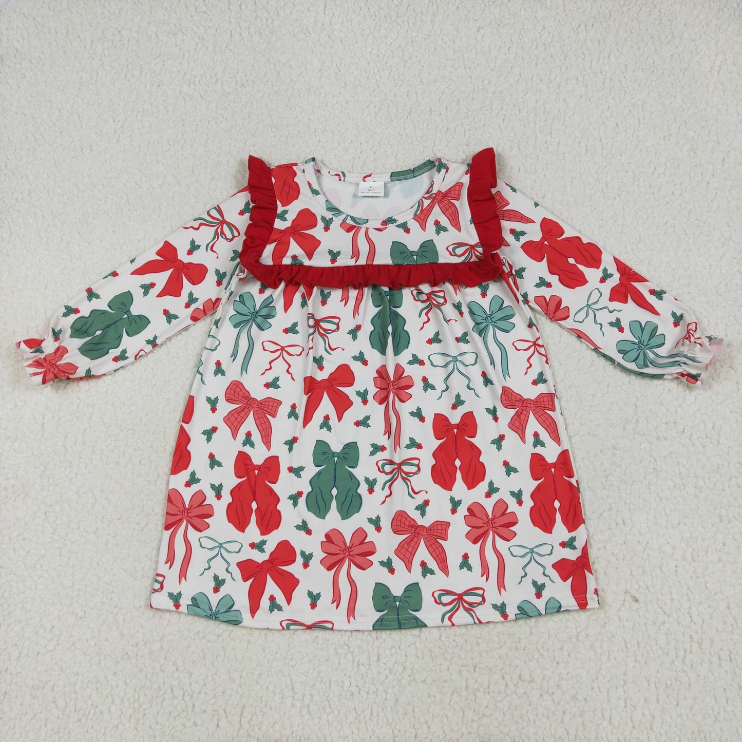 Baby Girl Long Sleeves Red Green Bows Knee Length Christmas Dress RTS