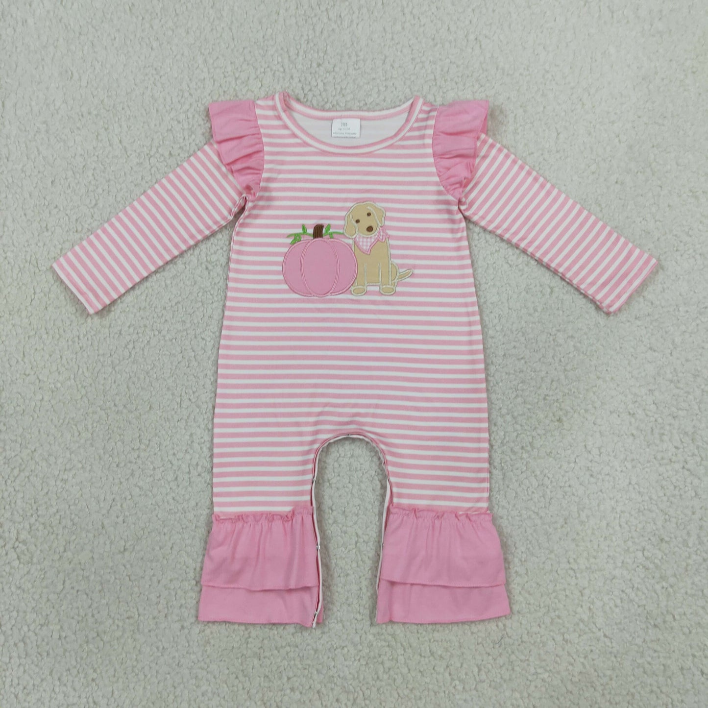 Baby Girl Kids Embroidery Pumpkins Dog Pink Stripes Fall Romper Clothes RTS