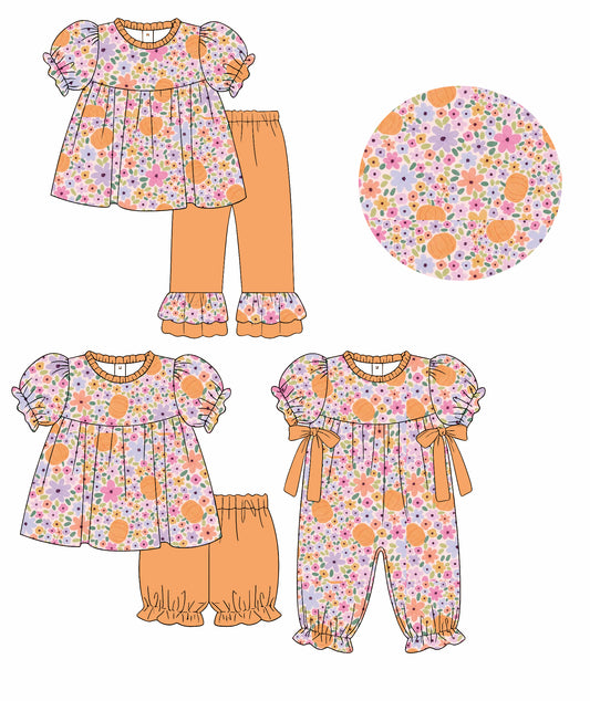 ( Moq 5 Each Style ) Baby Girls Kids Short Sleeves Pumpkins Flower Sibling Rompers Sets Clothes