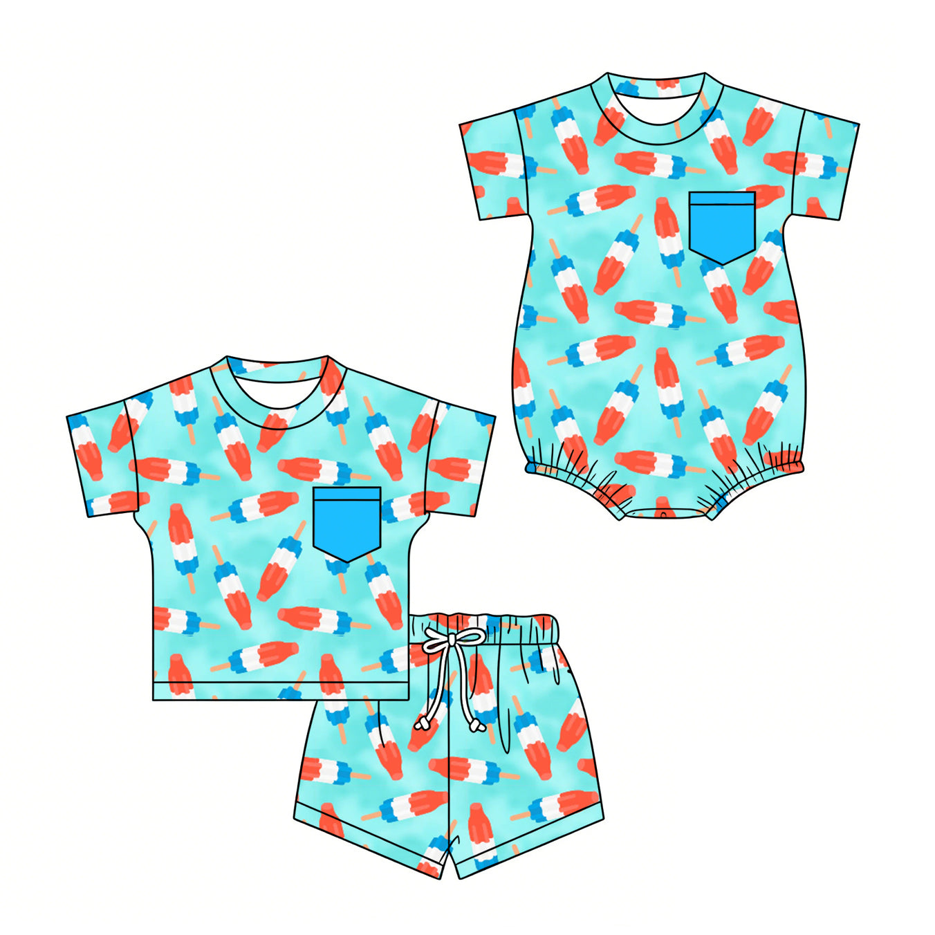 ( Moq 5 Each Style ) Sibling Baby Boys Kids Popsicle 4th of July Tops Shorts Set Romper