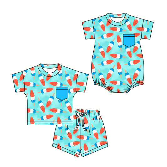 ( Moq 5 Each Style ) Sibling Baby Boys Kids Popsicle 4th of July Tops Shorts Set Romper