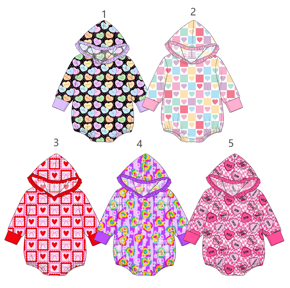 ( Moq 5 Each Style ) Sibling Baby Girls Infant Long Sleeves Valentine Hearts Hoodie Bubble Rompers Clothes