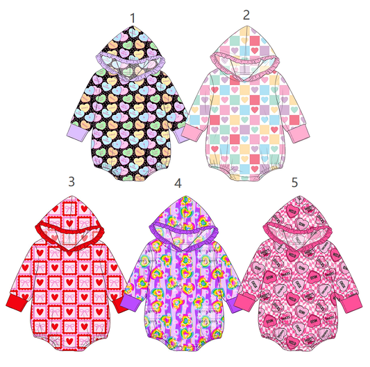 ( Moq 5 Each Style ) Sibling Baby Girls Infant Long Sleeves Valentine Hearts Hoodie Bubble Rompers Clothes