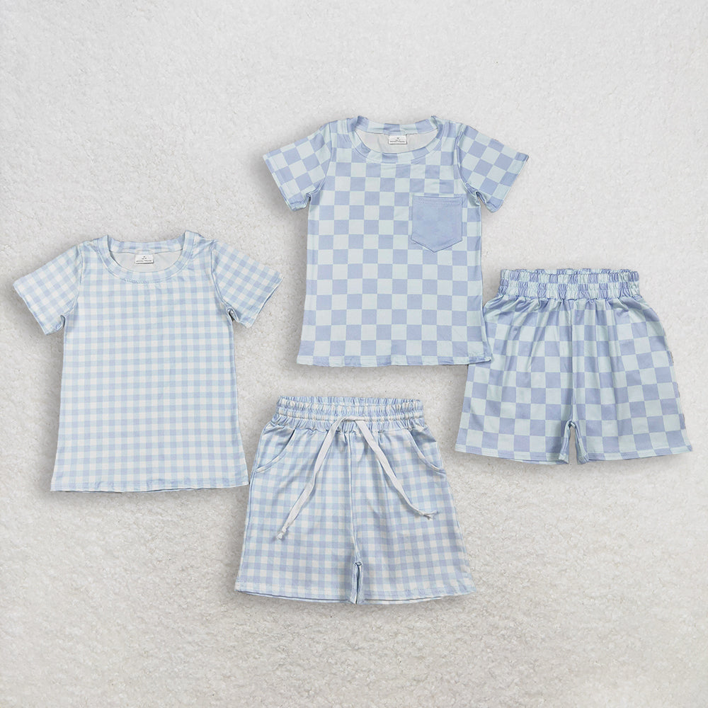 Sibling Baby Boys Girls Short Sleeves Plaid Shirts Shorts Sets Summer Clothes RTS