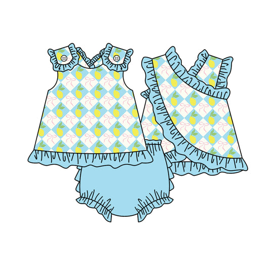 ( Moq 5 ) Preorder Baby Girl Kids Sleeveless Lemon Bows Tops Blue Ruffle Bummie Shorts Set Clothes