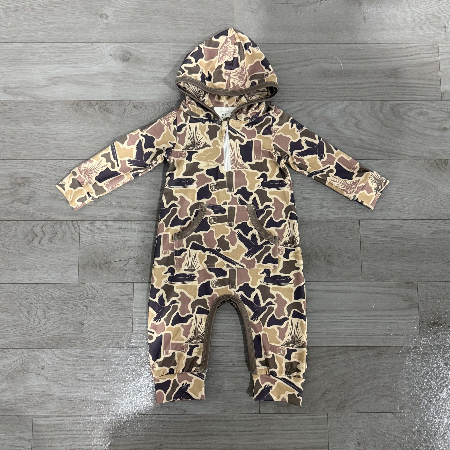 ( No moq ) Preorder Baby Boys Infant Long Sleeves Ducks Damo Hoodie Zipper Pockets Hunting Romper