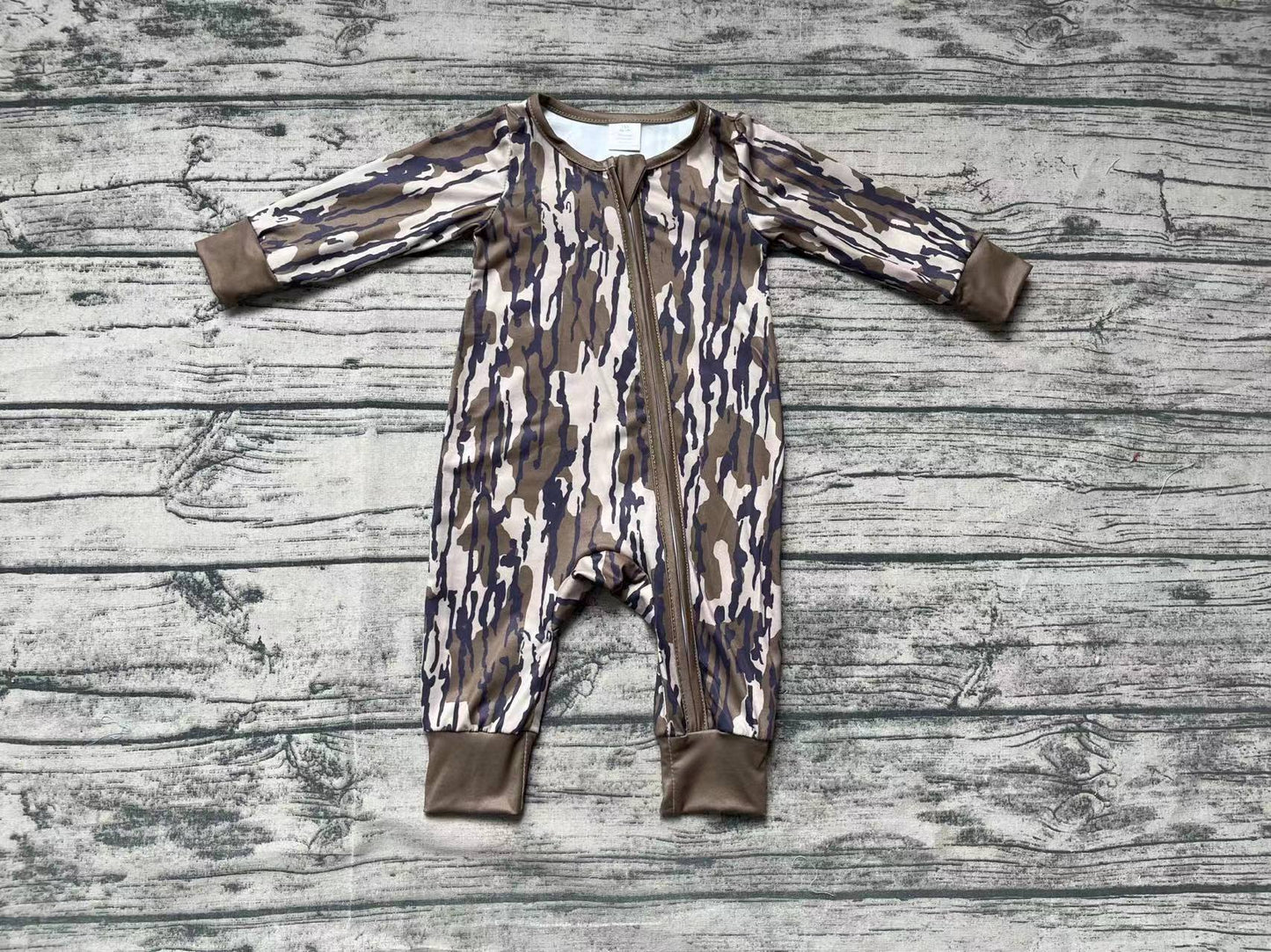 Baby Boy Long Sleeves Camo Green Tree Fall Zipper Bamboo Romper