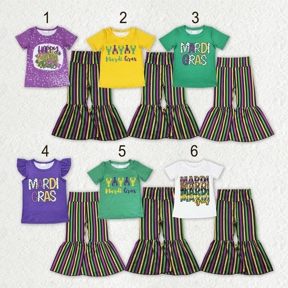 Sibling Baby Girls Kids Shorts Sleeves Shirts Stripes Bell Pants Sets Mardi Gras Clothes RTS