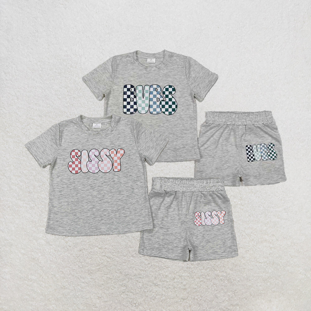 Baby Boy Girl Short Sleeves Vinyl Shirt Cotton Grey Shorts Sibling Clothes Set RTS