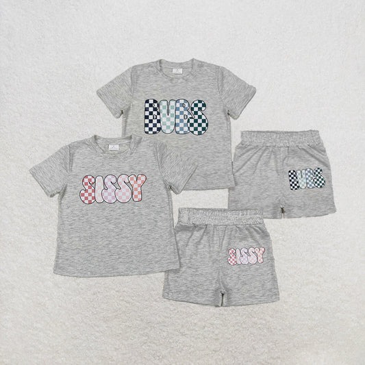 Baby Boy Girl Short Sleeves Vinyl Shirt Cotton Grey Shorts Sibling Clothes Set RTS