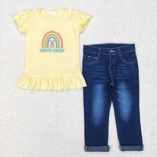 Easter Baby Girl Short Sleeves Embroidery Rainbow Rabbit Yellow Tops Denim Pants Set