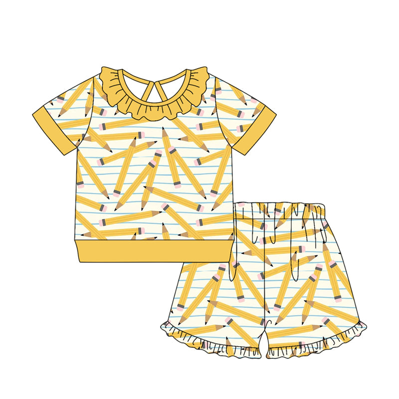 ( Moq 5 ) Preorder Baby Girls Kids Short Sleeves Yellow Pencil Shirt Shorts Set Back to School Clothes