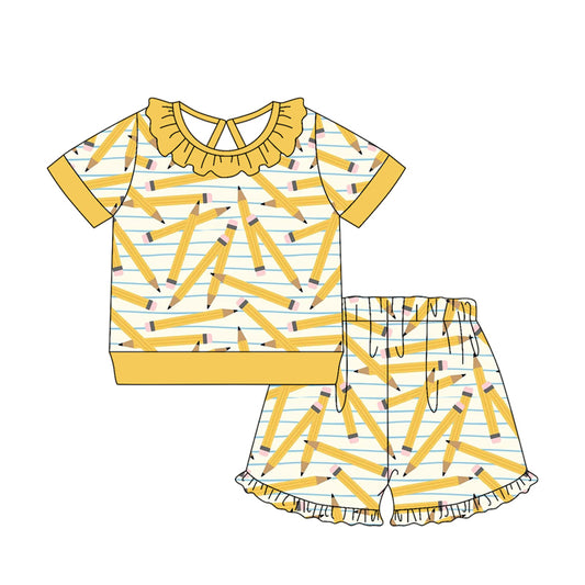 ( Moq 5 ) Preorder Baby Girls Kids Short Sleeves Yellow Pencil Shirt Shorts Set Back to School Clothes