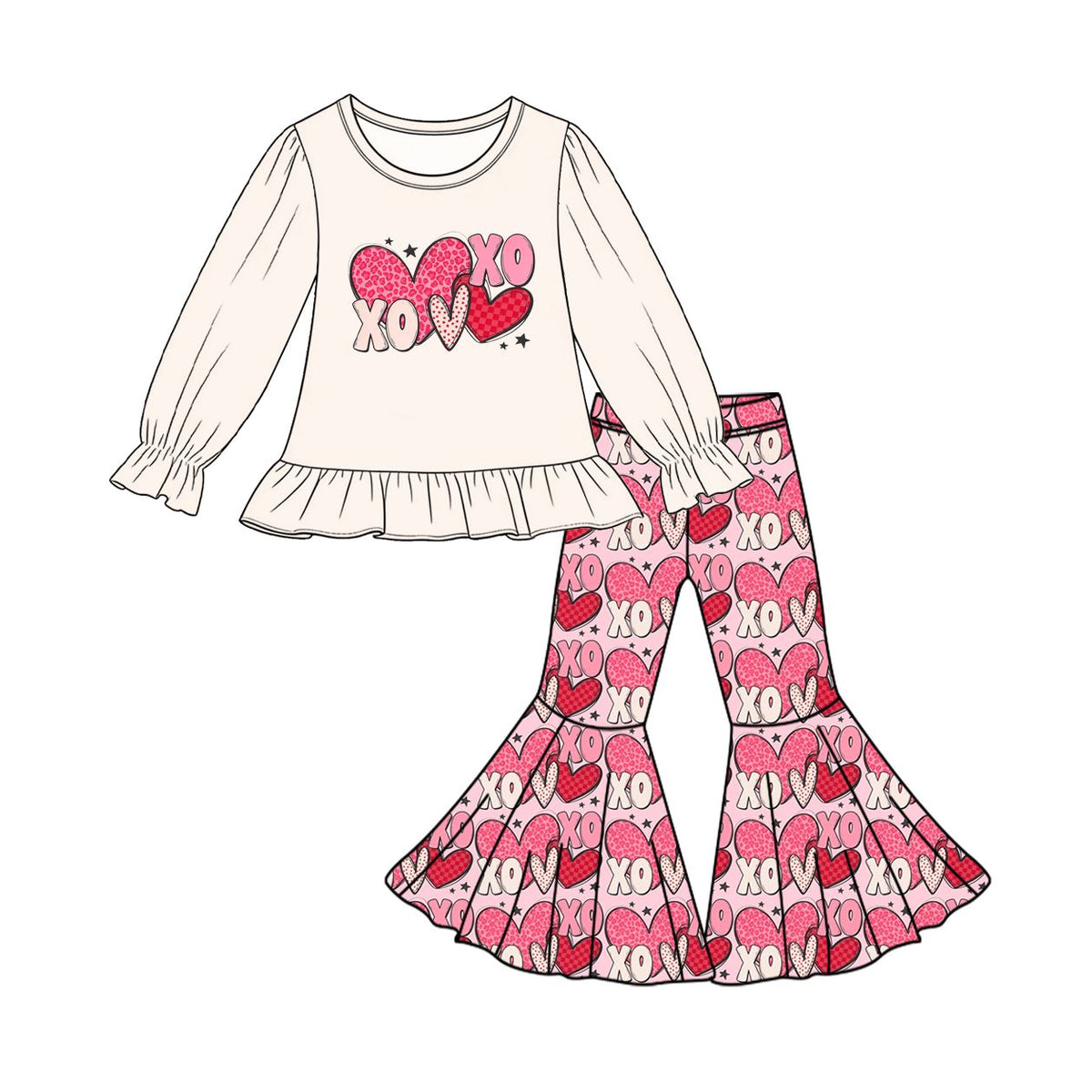 ( Moq 5 ) Preorder Baby Girls Toddler Long Sleeves Shirt Hearts Bell Pants Set Valentine Clothes