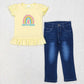 Easter Baby Girl Short Sleeves Embroidery Rainbow Rabbit Yellow Tops Denim Pants Set