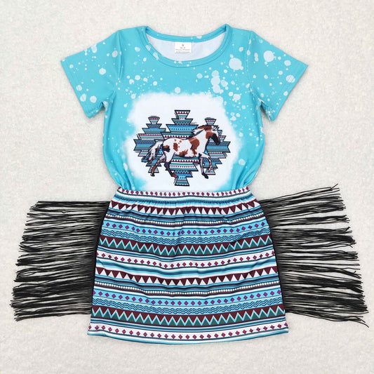 GSD0607 Baby Girl Short Sleeves Horse Shirt Tassel Skirt Western Set
