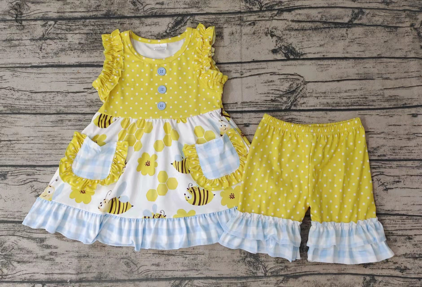 Promotion Baby Girl Summer Bee Flower Pocket Shorts Outfit