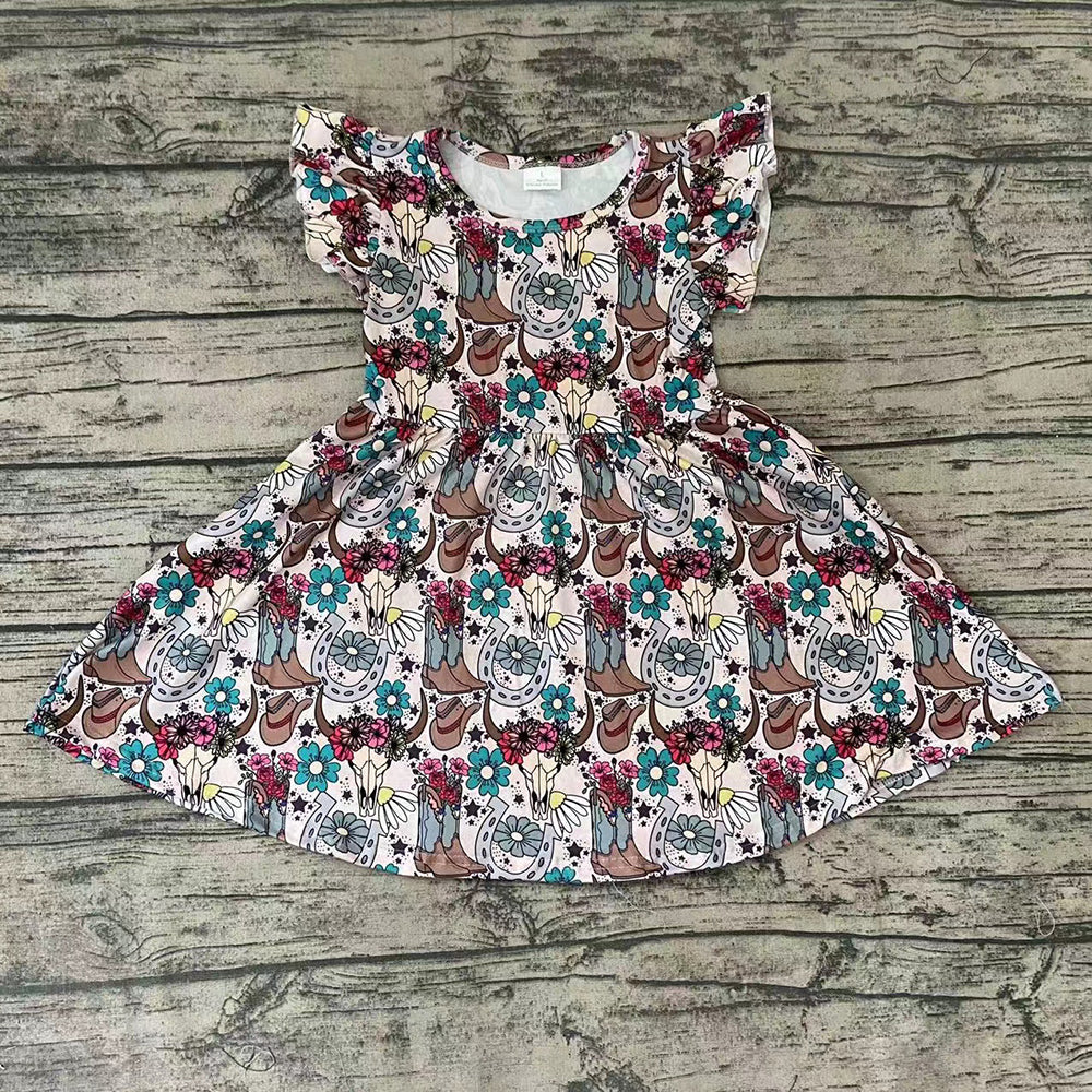 Promotion Western Baby Girl Cow Floral Short Sleeves Dress