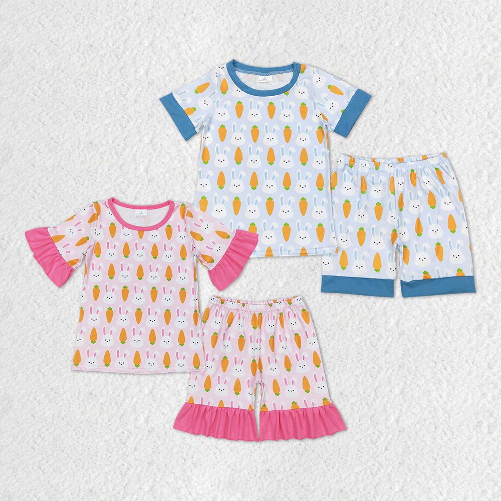 Baby Boy Girl Easter Carrot Rabbits Sibling Pajamas Set