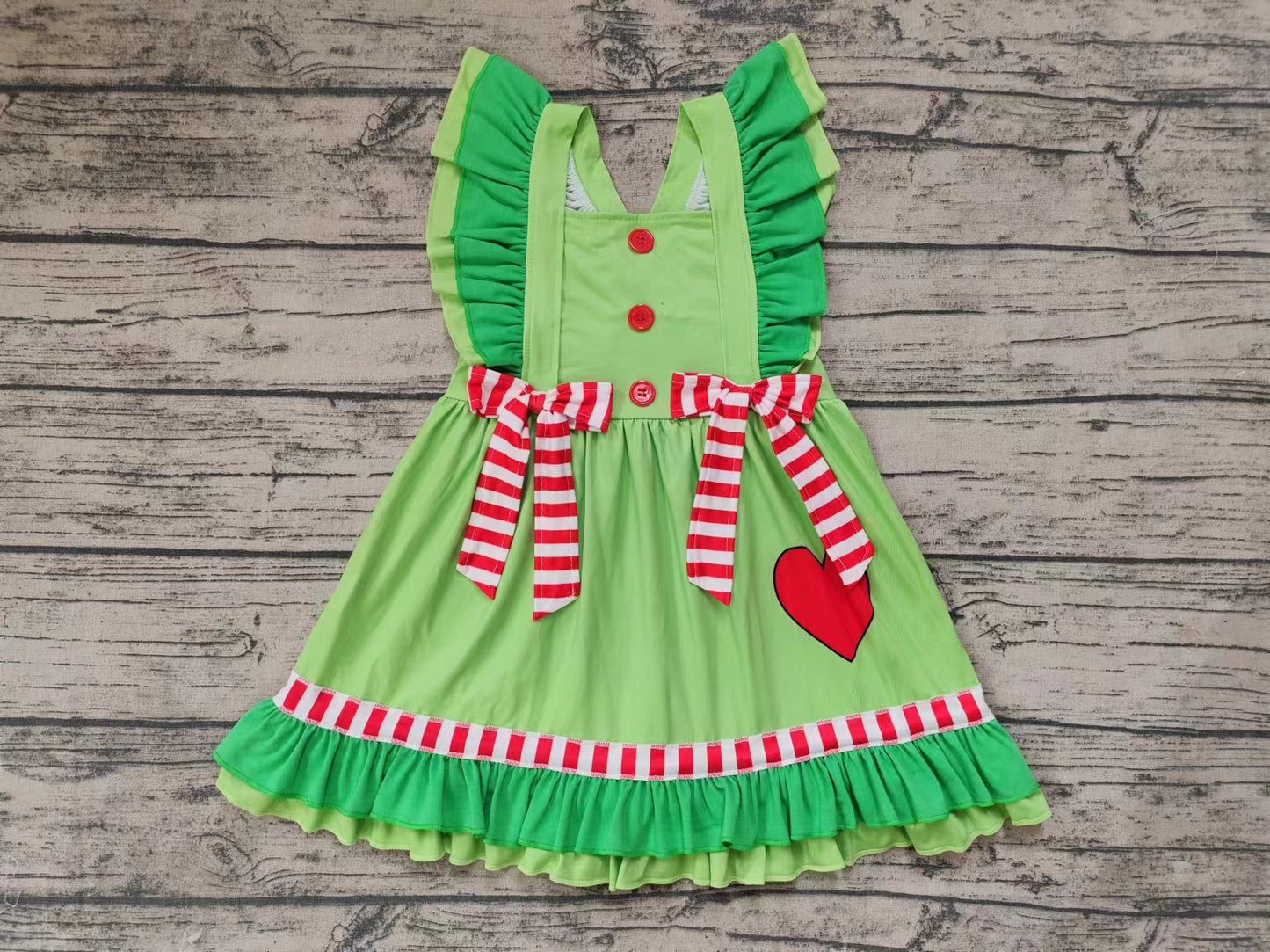 Baby Girl Christmas Green Hearts Bows Ruffle Dress