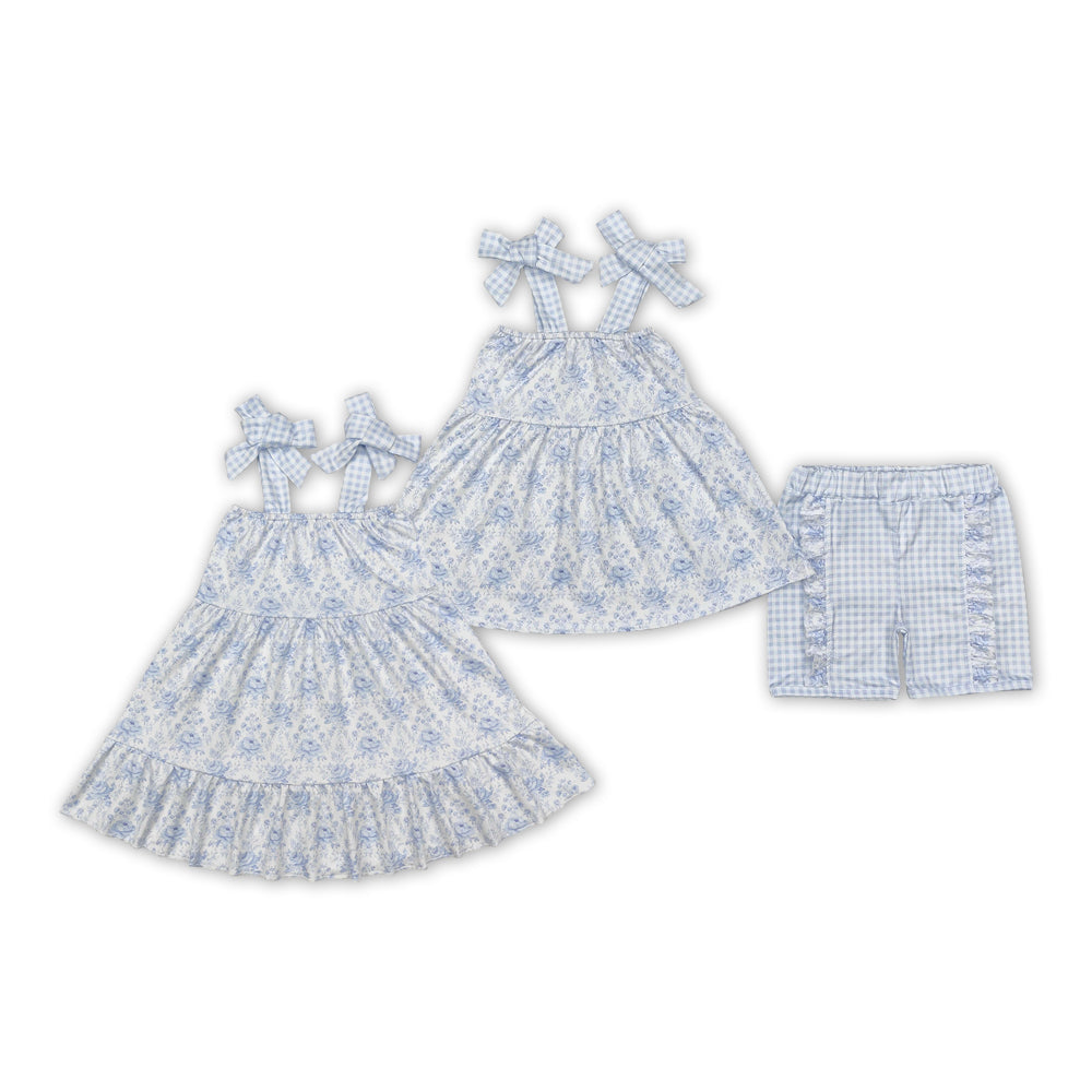 Baby Girl Straps Blue Flower Sibing Sister Dress Clothes Set RTS