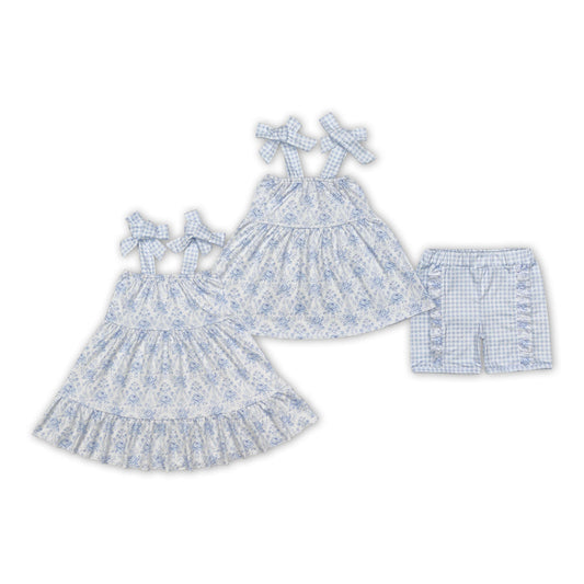 Baby Girl Straps Blue Flower Sibing Sister Dress Clothes Set RTS