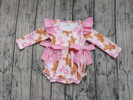 ( Moq 5 ) Girls Kids Short Sleeves Gingerbread Pink Bows Bubble Romper