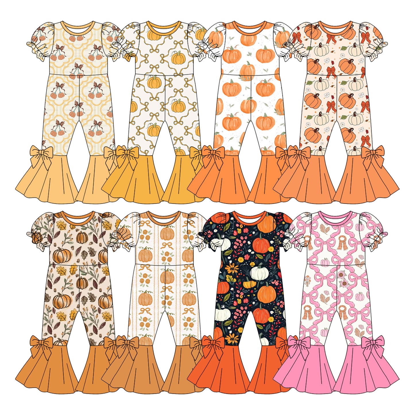 ( Moq 5 Each Style ) Sibling Baby Girls Kids Short Sleeves Pumpkins Bows Jumpsuits  Fall Clothes