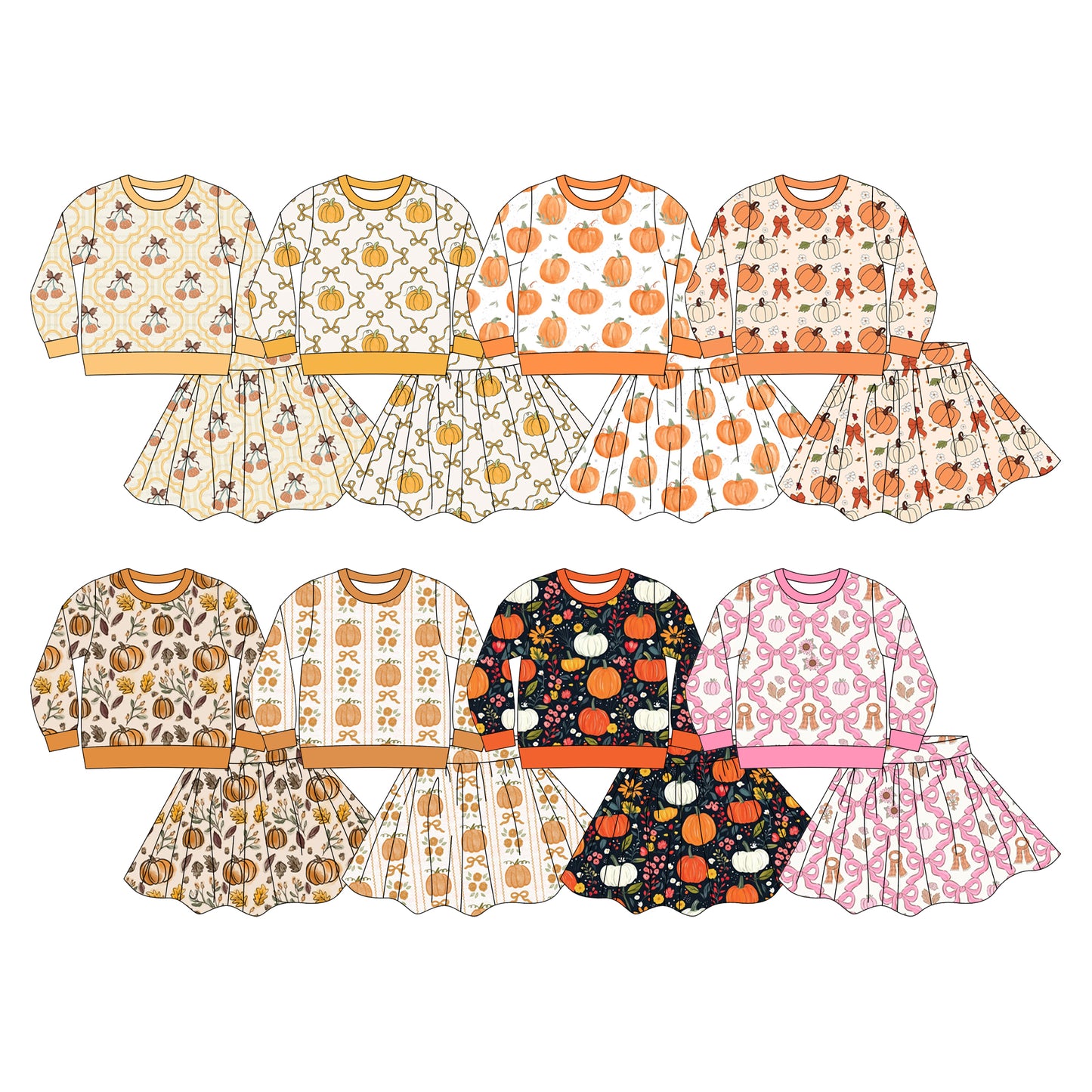 ( Moq 5 Each Style ) Sibling Baby Girls Kids Long Sleeves Pumpkins Bows Shirt Skirt Sets Fall Clothes