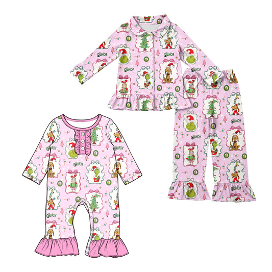 ( Moq 5 Each Style ) Sibling Baby Girls Kids Long Sleeves Face Christmas Pajamas Set Romper Pink Clothes