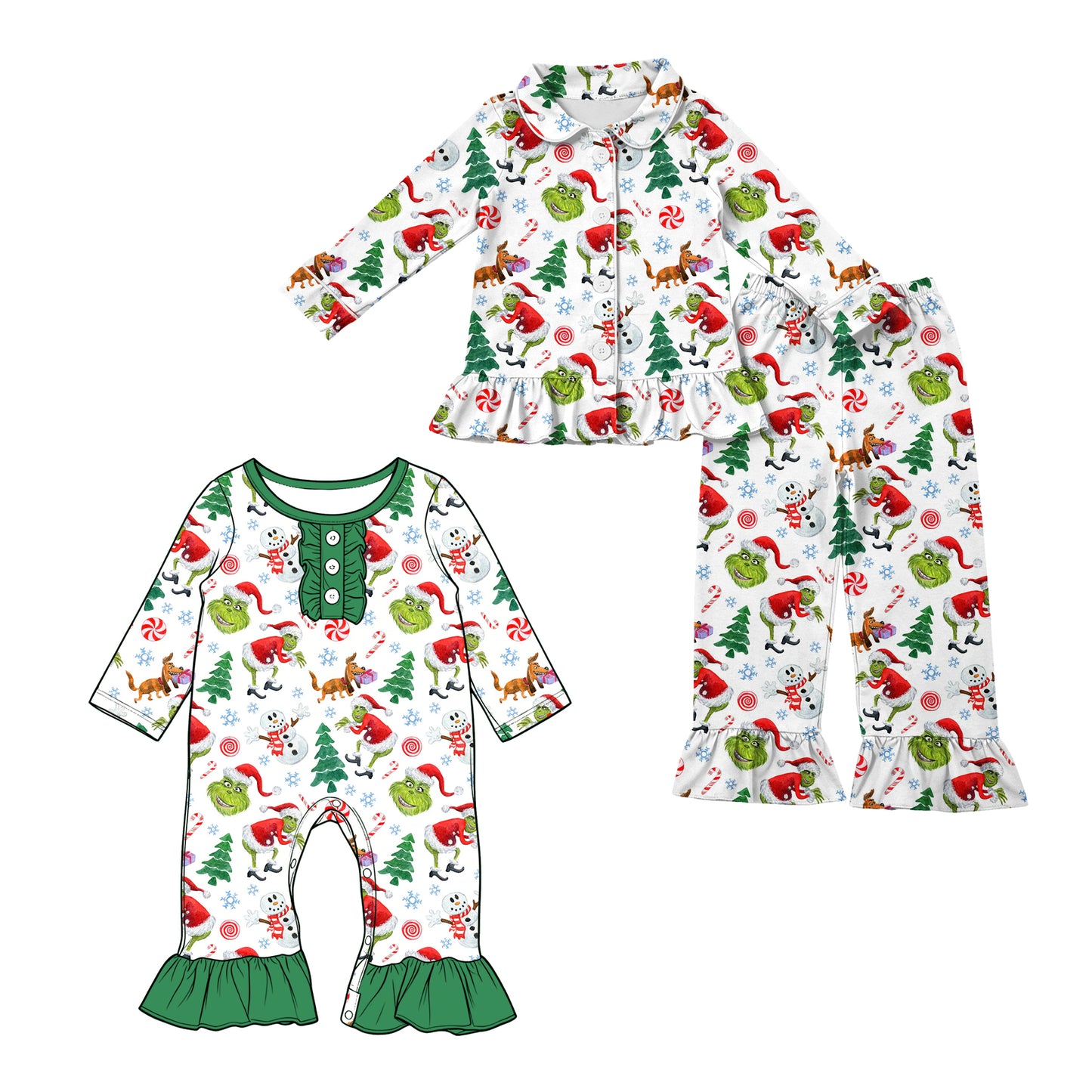 ( Moq 5 Each Style ) Sibling Baby Girls Kids Long Sleeves Face Christmas Pajamas Set Romper Green Ruffle Clothes