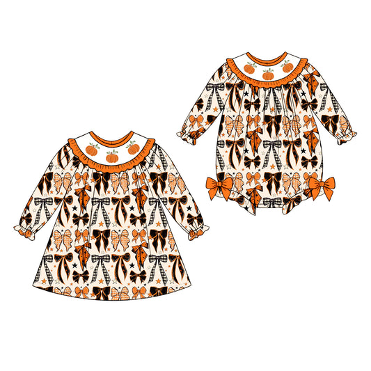 ( Moq 5 Each Style ) Sibling Baby Girls Kids Long Sleeves Pumpkins Bows Romper Dress Set Fall Clothes