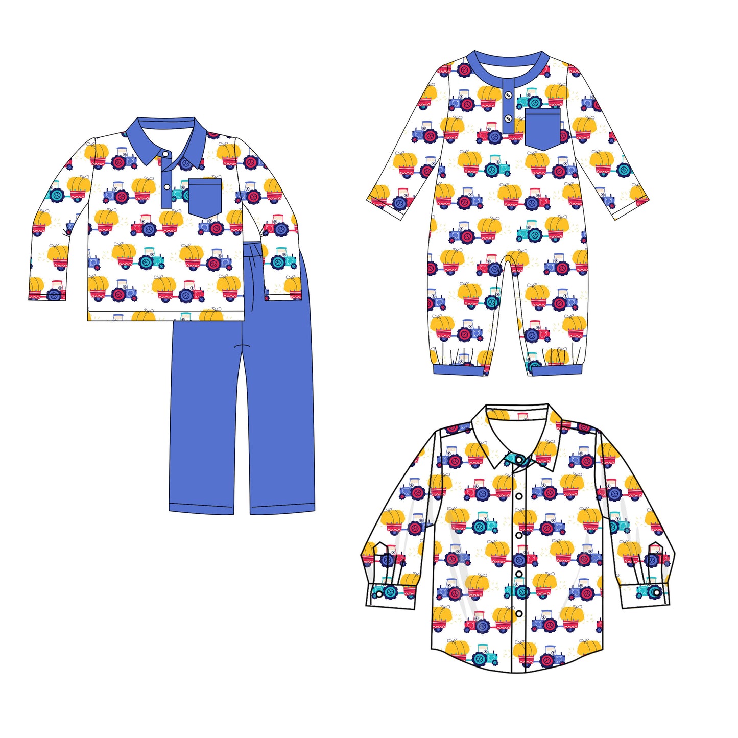 ( Moq 5 Each Style ) Baby Boys Kids Long Sleeves Tractors Sibling Fall Romper Shirt Set Clothes