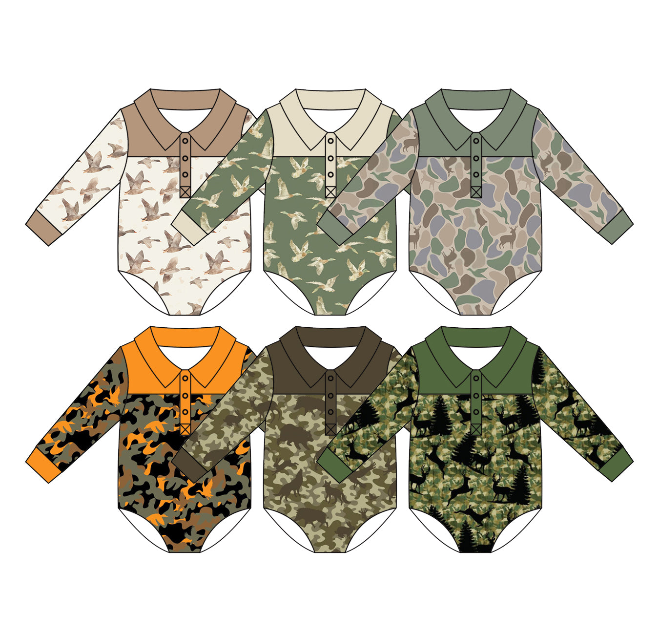 ( Moq 5 Each Style ) Sibling Baby Boys Infant Camo Ducks Deer Buttons Bubble Rompers Hunting Clothes