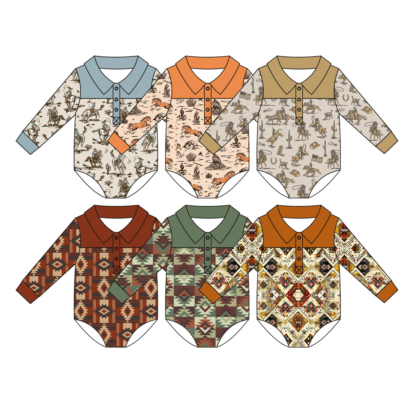 ( Moq 5 Each Style ) Sibling Baby Boys Infant Western Print Buttons Bubble Rompers Clothes