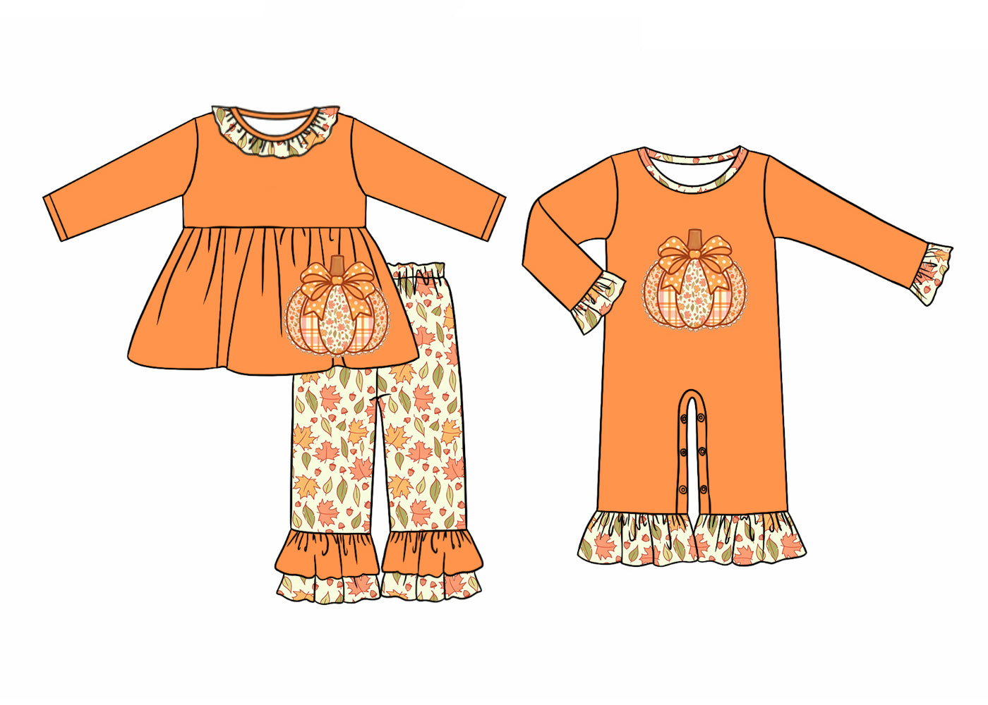 ( Moq 5 Each Style ) Sibling Baby Girls Kids Long Sleeves Pumpkins Bows Leaves Romper Set Fall Clothes