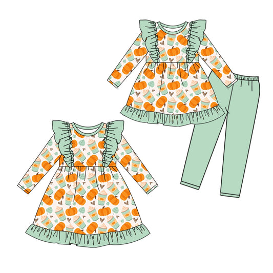 ( Moq 5 Each Style ) Sibling Baby Girls Kids Pumpkins Bows Green Ruffle Dress Set Fall Clothes