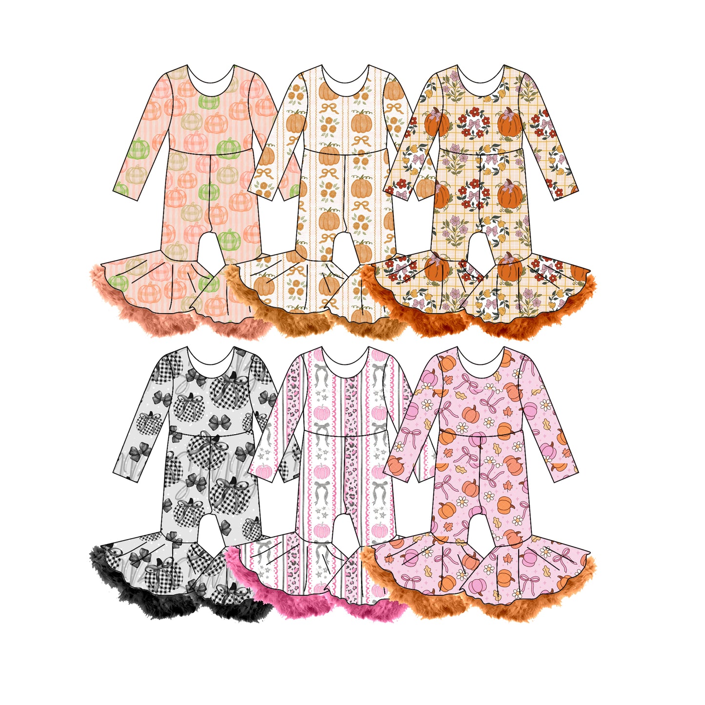 ( Moq 30 Each Style ) Sibling Baby Girls Kids Long Sleeves Pumpkins Bows Fur Jumpsuits Fall Clothes