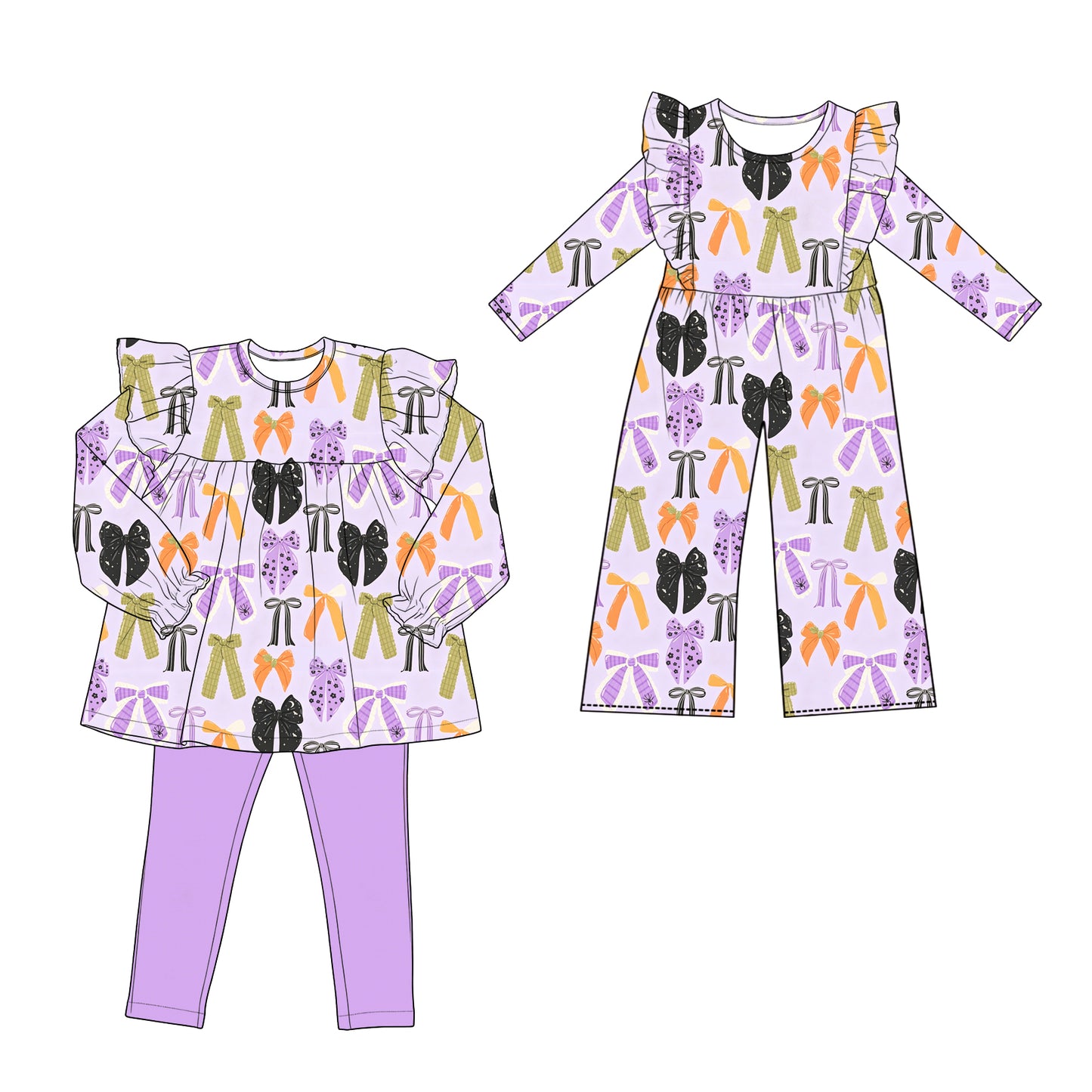 ( Moq 5 Each Style ) Sibling Baby Girls Kids Long Sleeves Bows Jumpsuit Set Halloween Purple Clothes