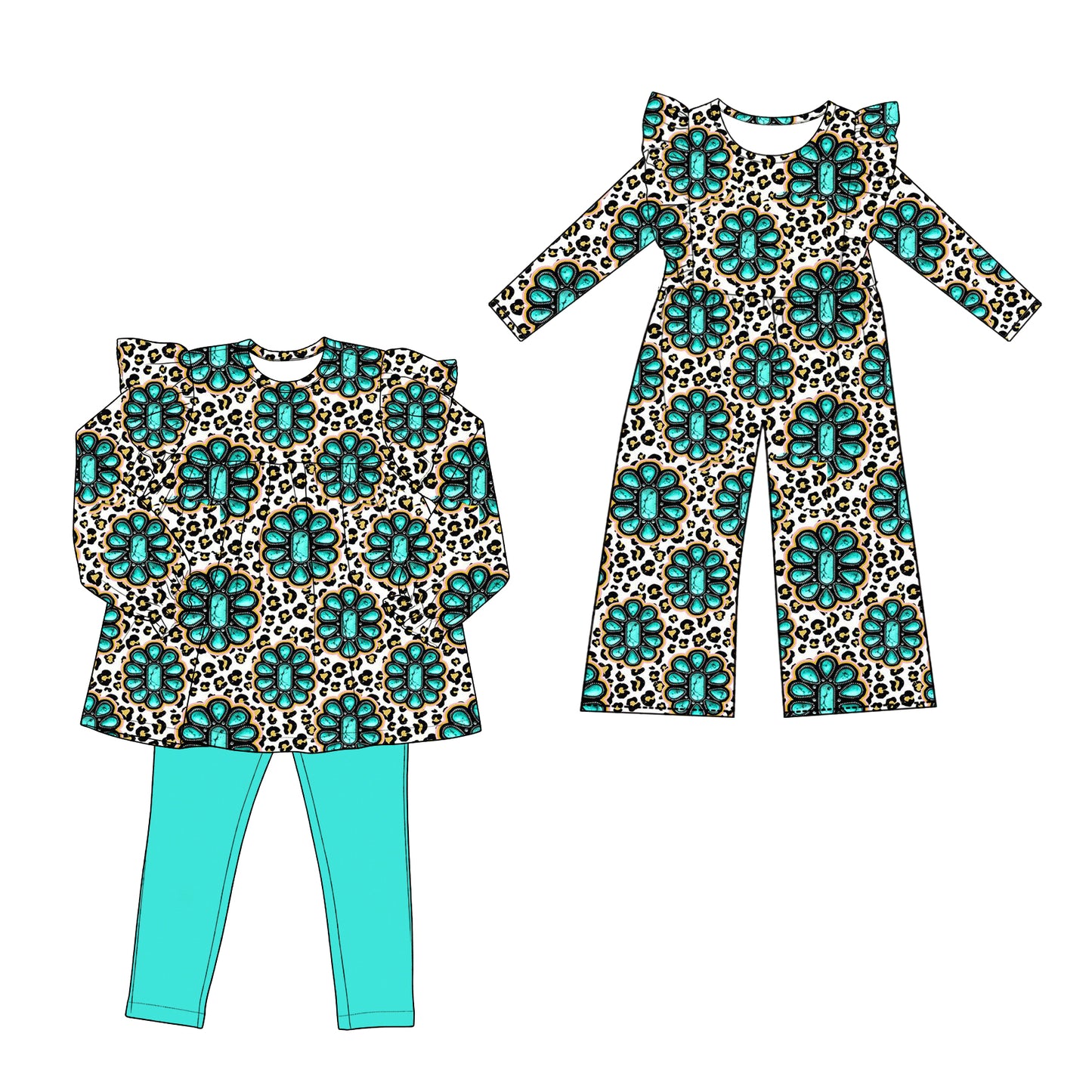 ( Moq 5 Each Style ) Sibling Baby Girls Kids Long Sleeves Leopard Western Jumpsuit Set Clothes