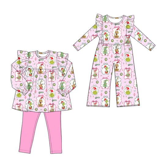 ( Moq 5 Each Style ) Sibling Baby Girls Kids Long Sleeves Face Christmas Pink Jumpsuit Set Clothes