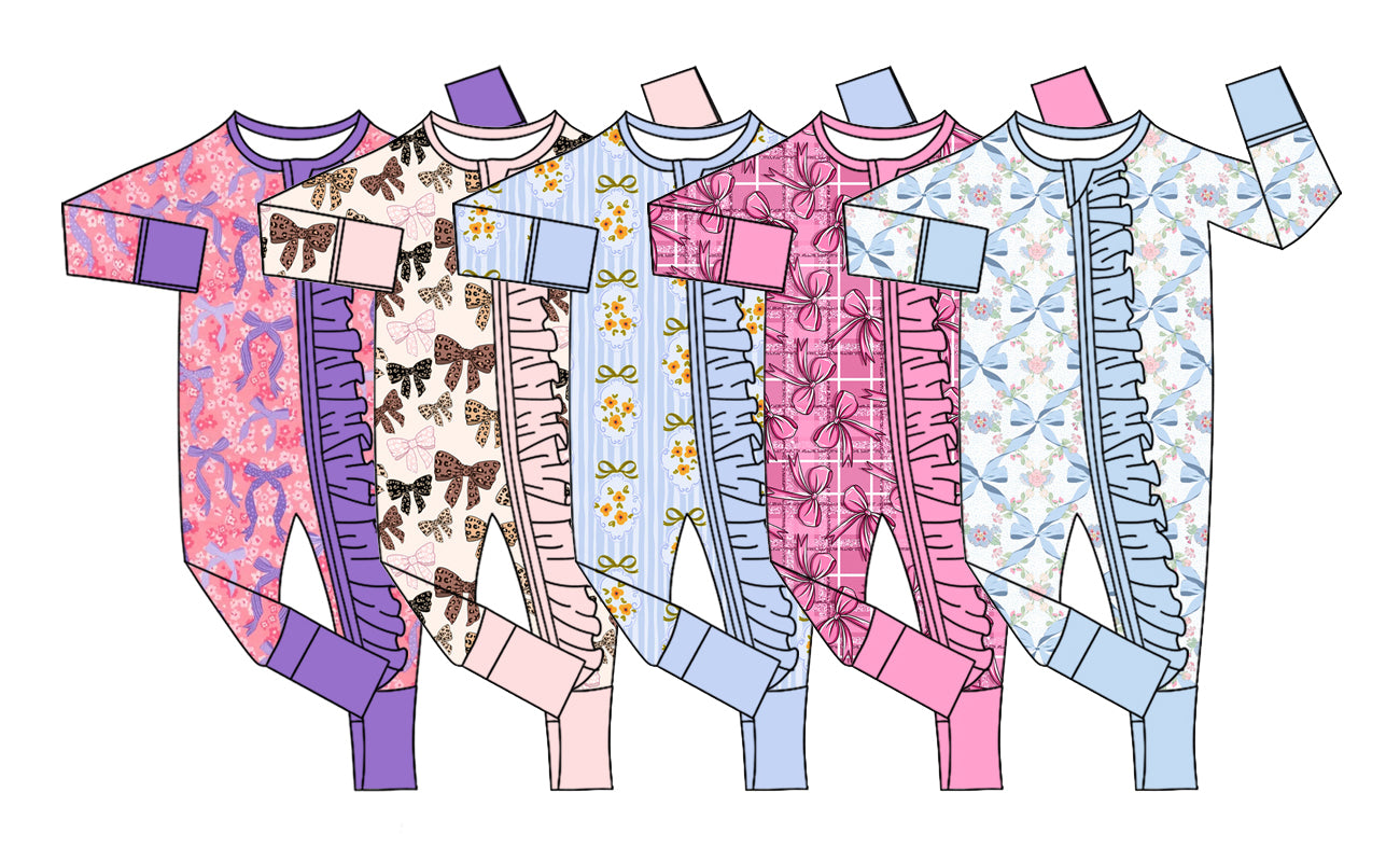 ( Moq 5 Each Style ) Sibling Baby Girls Infant Flower Bows Ruffle Zipper Footie Sleeper Rompers Clothes