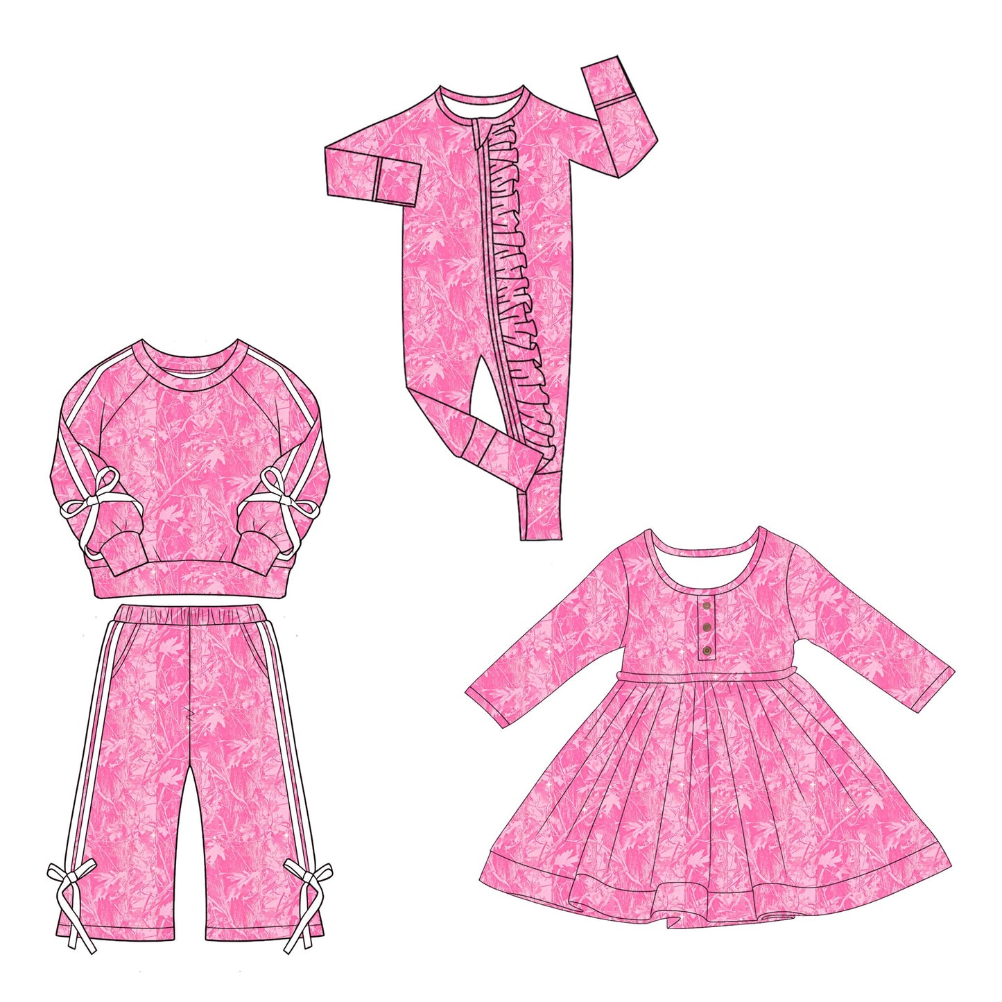 ( Moq 5 Each Style ) Sibling Baby Girls Kids Long Sleeves Leaves Romper Dress Set Pink Clothes