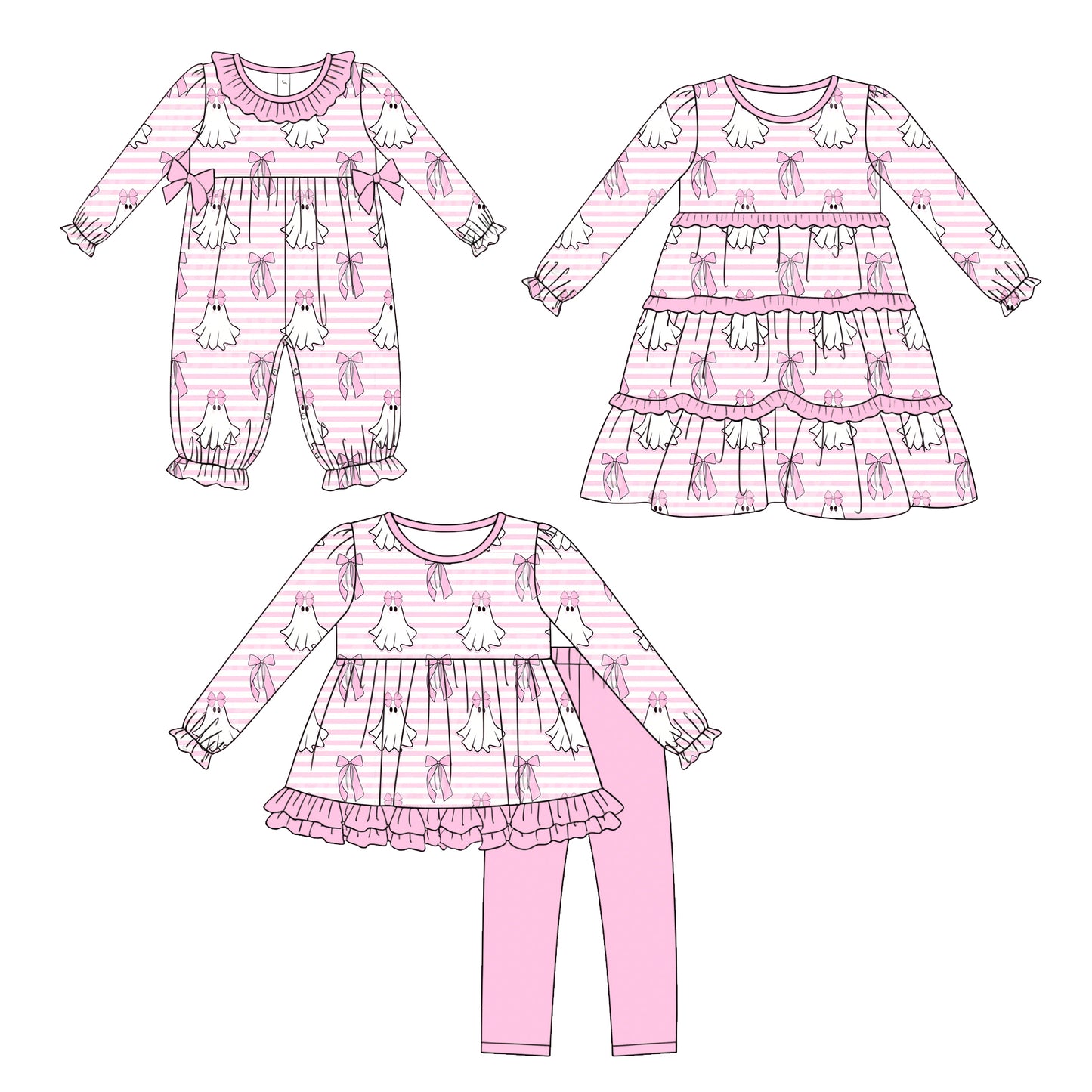 ( Moq 5 Each Style ) Sibling Baby Girls Kids Long Sleeves Ghosts Bows Romper Dress Set Halloween Clothes
