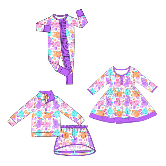 ( Moq 5 Each Style ) Sibling Baby Girls Kids Long Sleeves Pumpkins Leopard Romper Dress Set Halloween Clothes