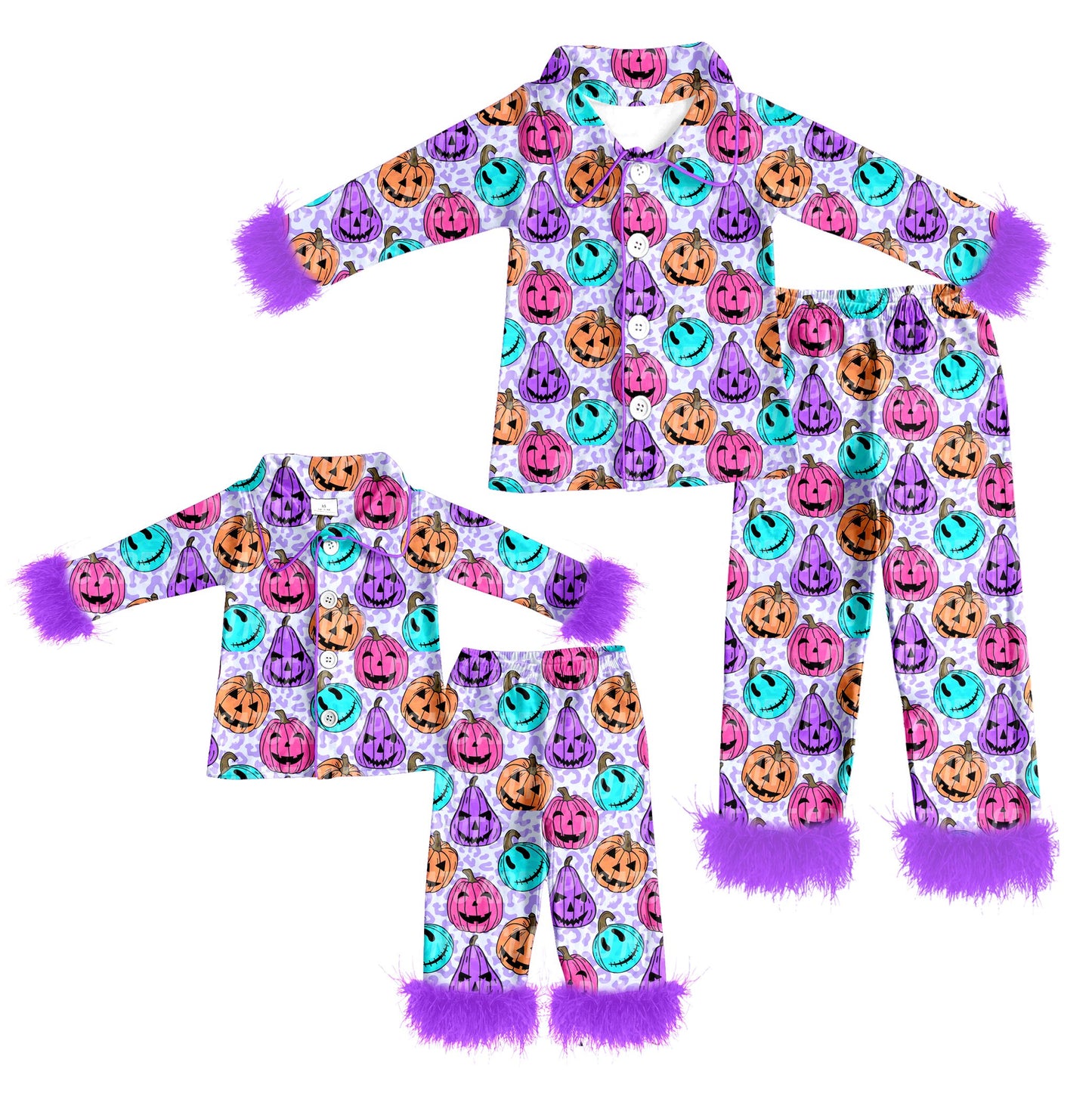 ( Moq 5 Each Style ) Baby Girl Adult Women Pumpkins Buttons Shirt Purple Fur Pants Sibling Mommy And Me Family Pajamas Halloween Sets