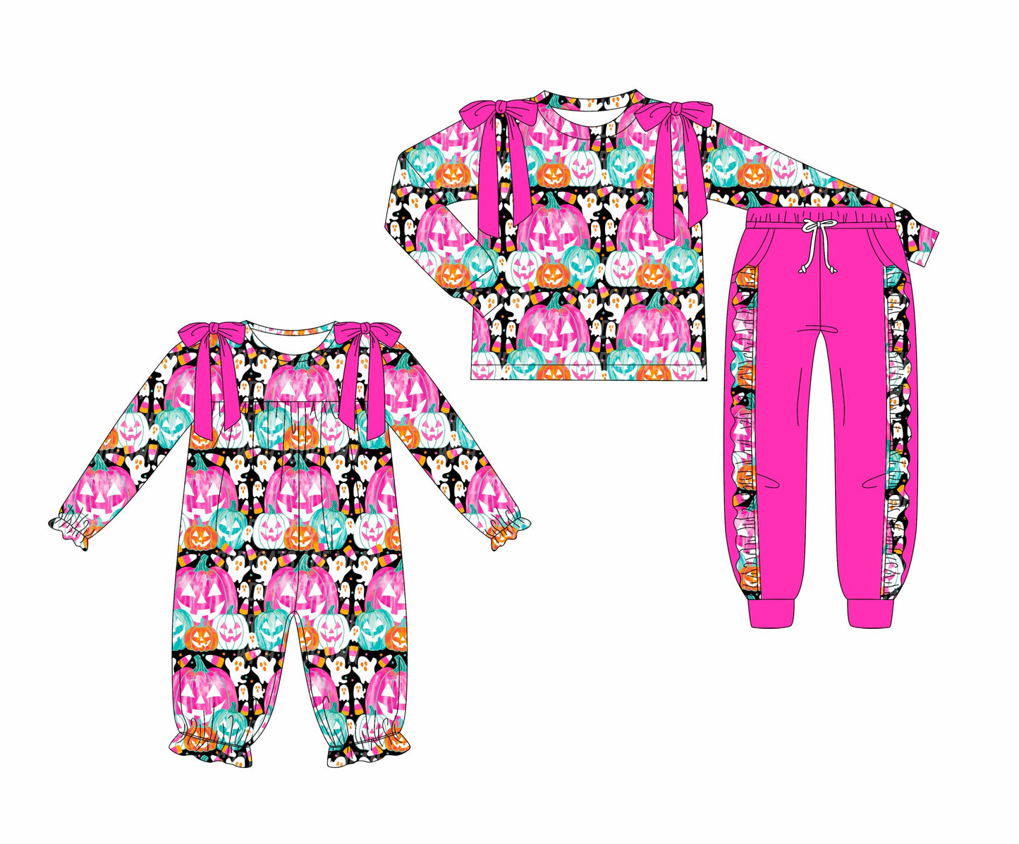 ( Moq 5 Each Style ) Sibling Baby Girls Kids Long Sleeves Halloween Pumpkins Bows Romper Dress Set Clothes
